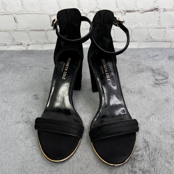 Kenneth Cole Lisa Black Suede Heels Sandals size 9 Embroidered Floral Chunky - Picture 5 of 10